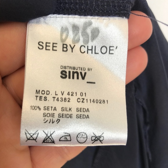 Women's See by Chloe 100% Silk Dress Navy Blue Babydoll Sz 2 Open Flutter Sleeve - Picture 9 of 10